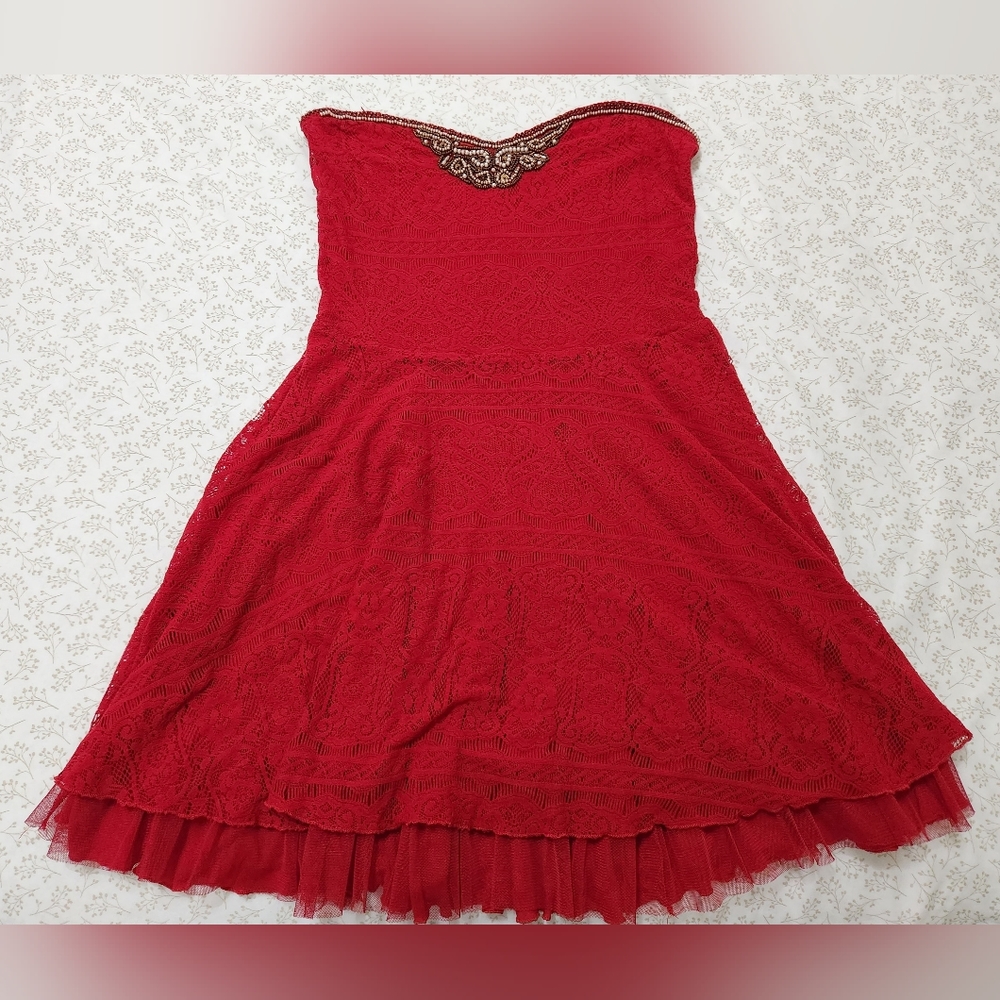Free People Red Lace Beaded Strapless Dress Woman's size M